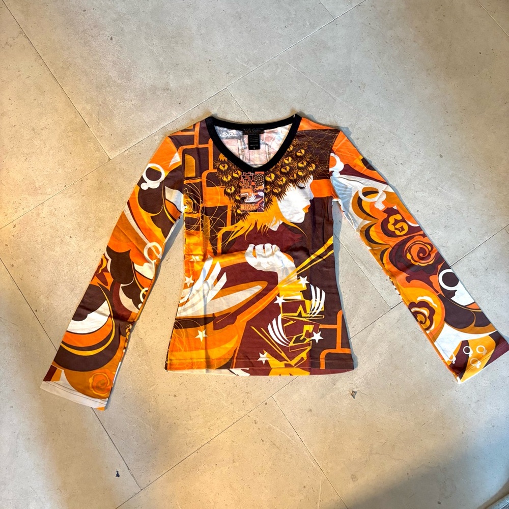 NWT Vintage Y2K Hayes Top S Long Flare Sleeve Custo Barcelona T-shirt Graphic